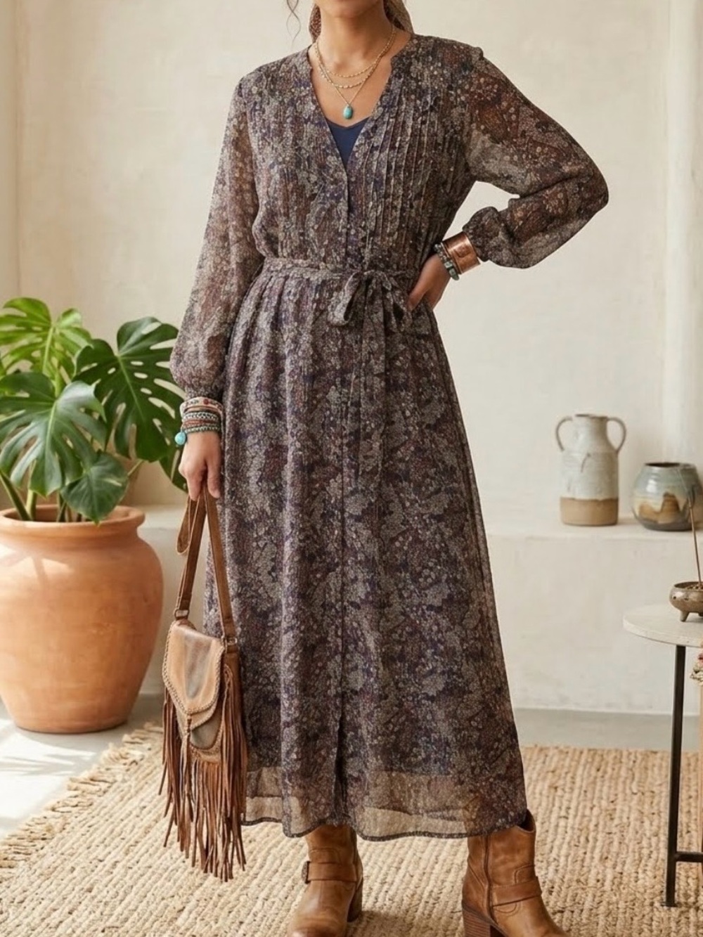 Natural Life Paisley Boho Floral Button Front Belted Pleat Maxi Dress Sz XL